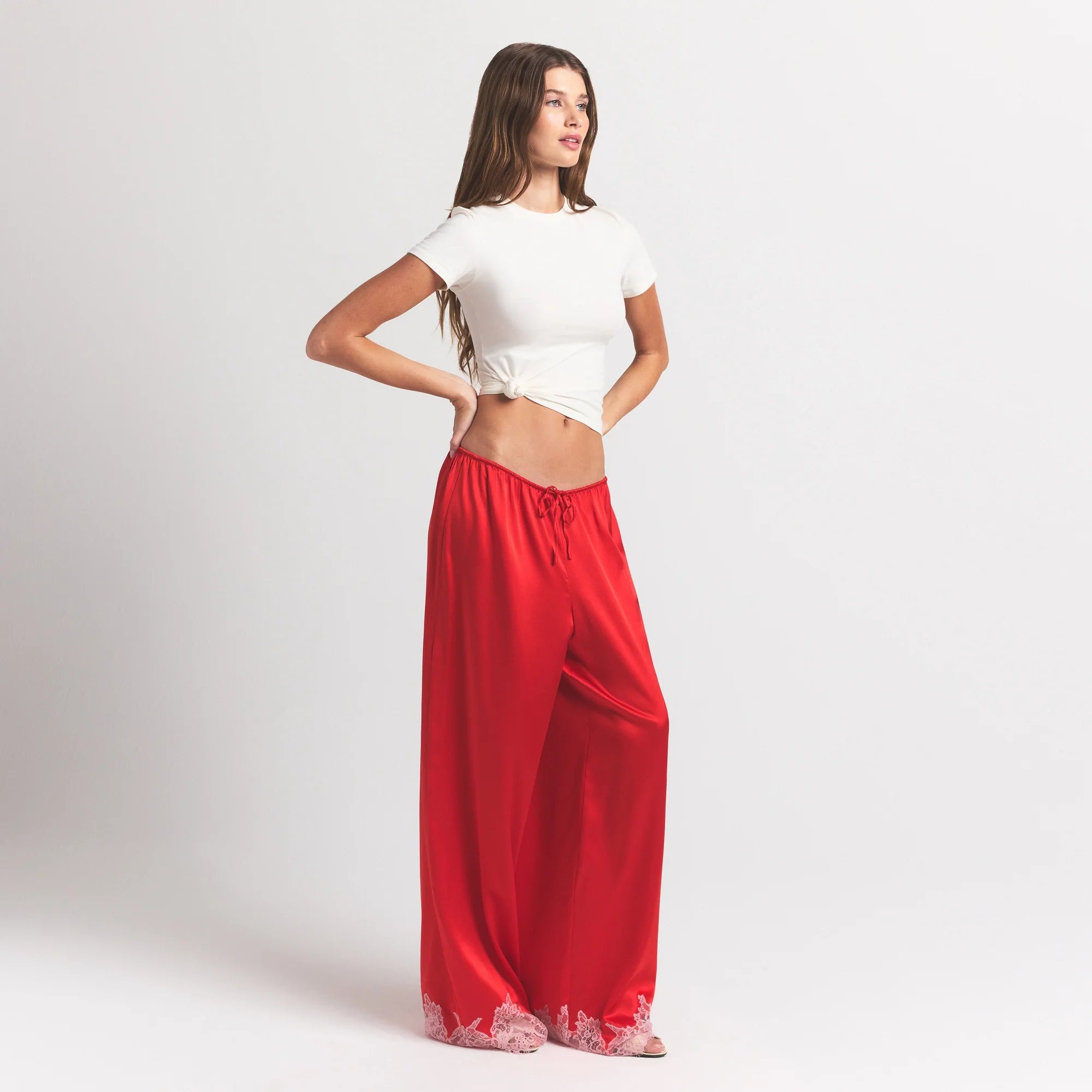 SILK LACE PANT | RUBY CONTRAST ON A MODEL FRONT VIEW @ | FOCUS: 0.0, 1.0, 0.9