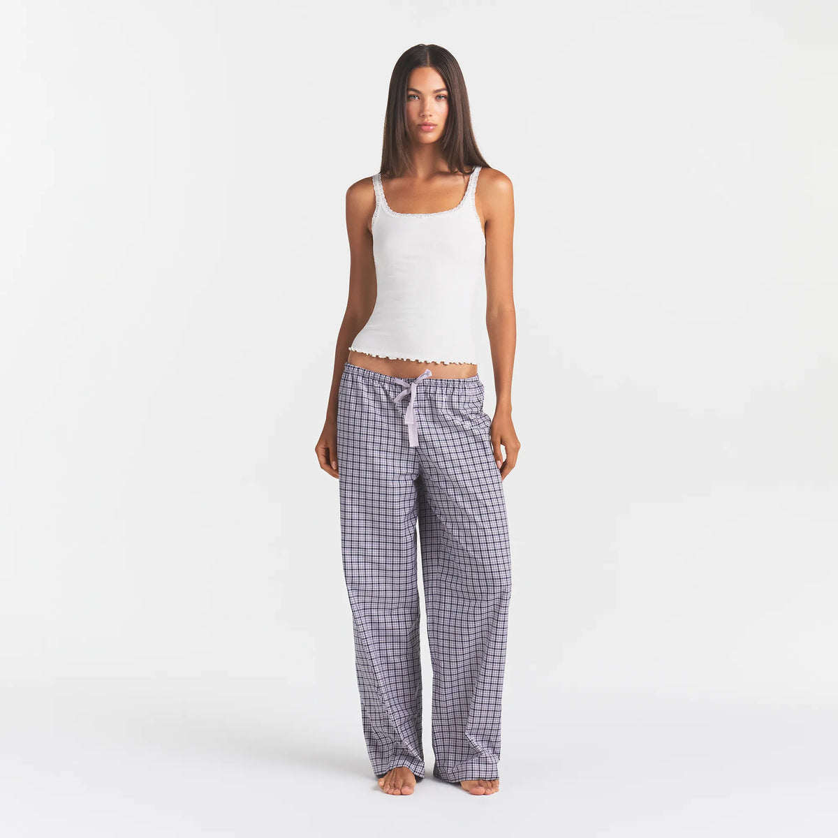 COTTON POPLIN SLEEP OVERSIZED PANT | IRIS MICA NAVY CHECK ON A MODEL | FOCUS: 0.0, 1.0, 0.9