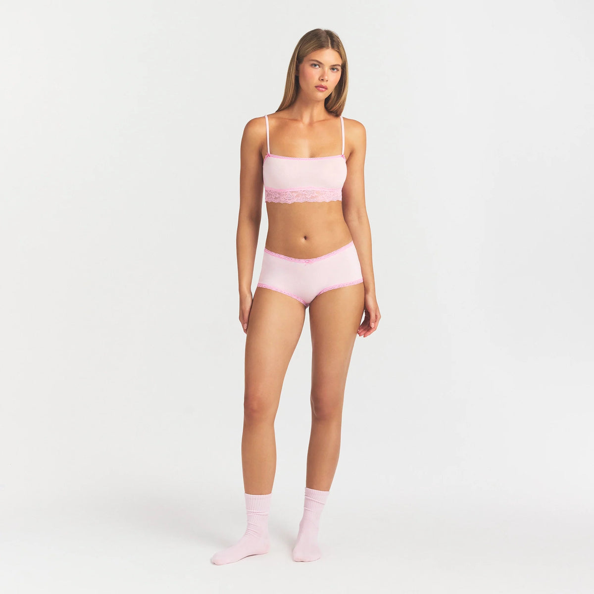 LIGHTWEIGHT COTTON LACE BOY SHORT | CHERRY BLOSSOM ON A MODEL FRONT VIEW @ | FOCUS: 0.0, 1.0, 0.9