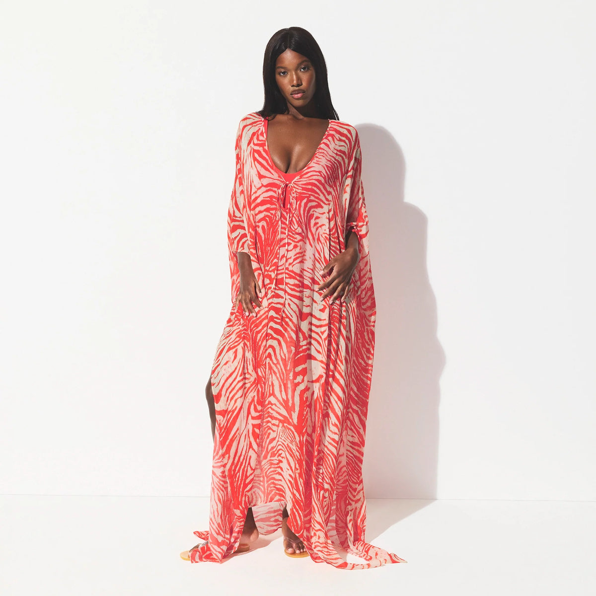 SHEER COVER-UPS LONG KAFTAN | CARMINE ZEBRA PRINT ON A MODEL FRONT VIEW @ | FOCUS: 0.0, 1.0, 0.9
