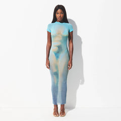 MESH COVER-UPS LONG DRESS | CYAN FK BODY PRINT ON A MODEL FRONT VIEW @ | FOCUS: 0.0, 1.0, 0.9