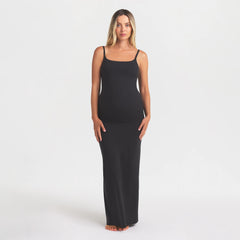 FITS EVERYBODY MATERNITY LONG SLIP DRESS | ONYX ON A MODEL FRONT VIEW @ | FOCUS: 0.0, 1.0, 0.9