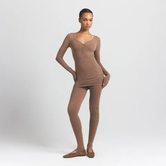 WOOL RIB HENLEY DRESS | SIENNA ON A MODEL FRONT VIEW S | FOCUS: 0.0, 1.0, 0.9
