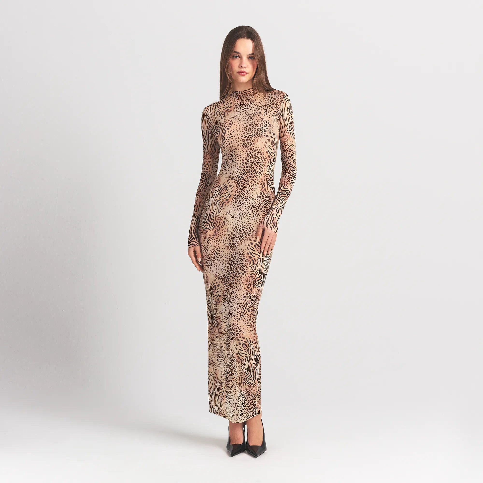 MILKY SHEER MOCK NECK LONG SLEEVE LONG DRESS | SAND MULTI ANIMAL ON A MODEL FRONT VIEW @ | FOCUS: 0.0, 1.0, 0.9