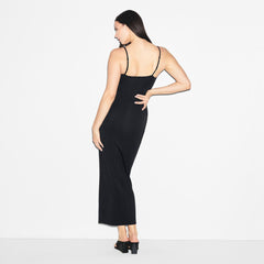 SMOOTH LAYERS SKIMPY SCOOP NECK LONG DRESS | OBSIDIAN ON A MODEL BACK VIEW | FOCUS: 0.0, 1.0, 0.9