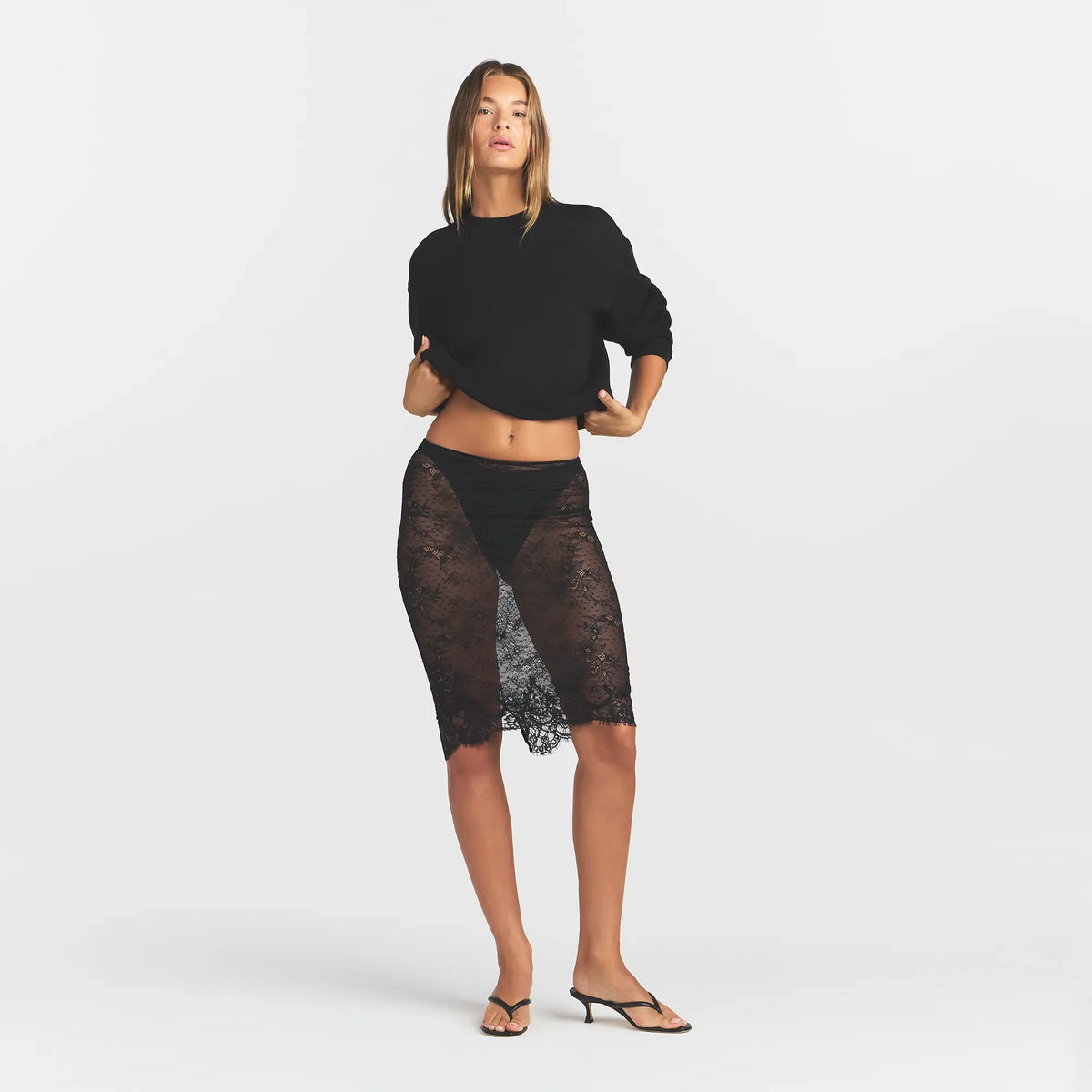 ULTRA FINE LACE MIDI SKIRT | OBSIDIAN ON A MODEL FRONT VIEW @ | FOCUS: 0.0, 1.0, 0.9