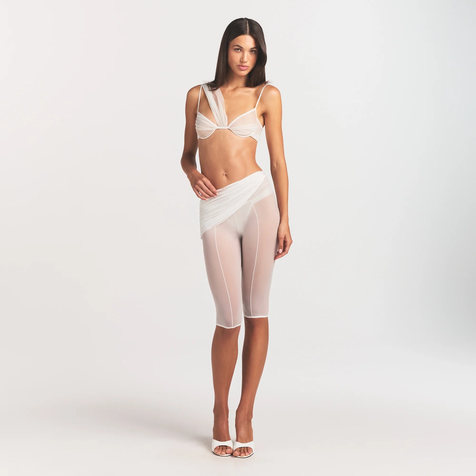 ULTRA FINE MESH DRAPED CAPRI | IVORY ON A MODEL FRONT VIEW @ | FOCUS: 0.0, 1.0, 0.9