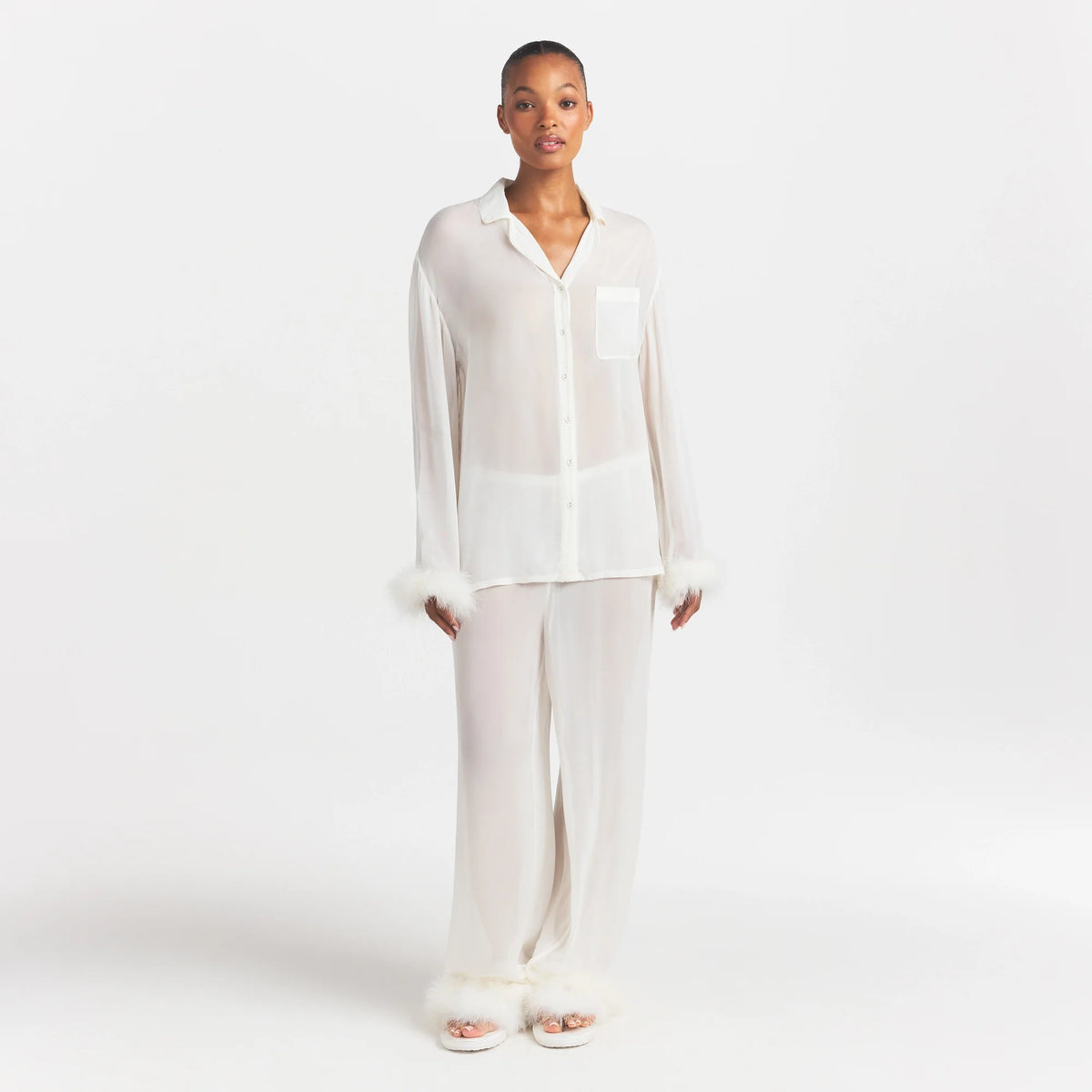BRIDAL SLEEP FEATHER TRIM LONG SET | IVORY ON A MODEL FRONT VIEW @ | FOCUS: 0.0, 1.0, 0.9