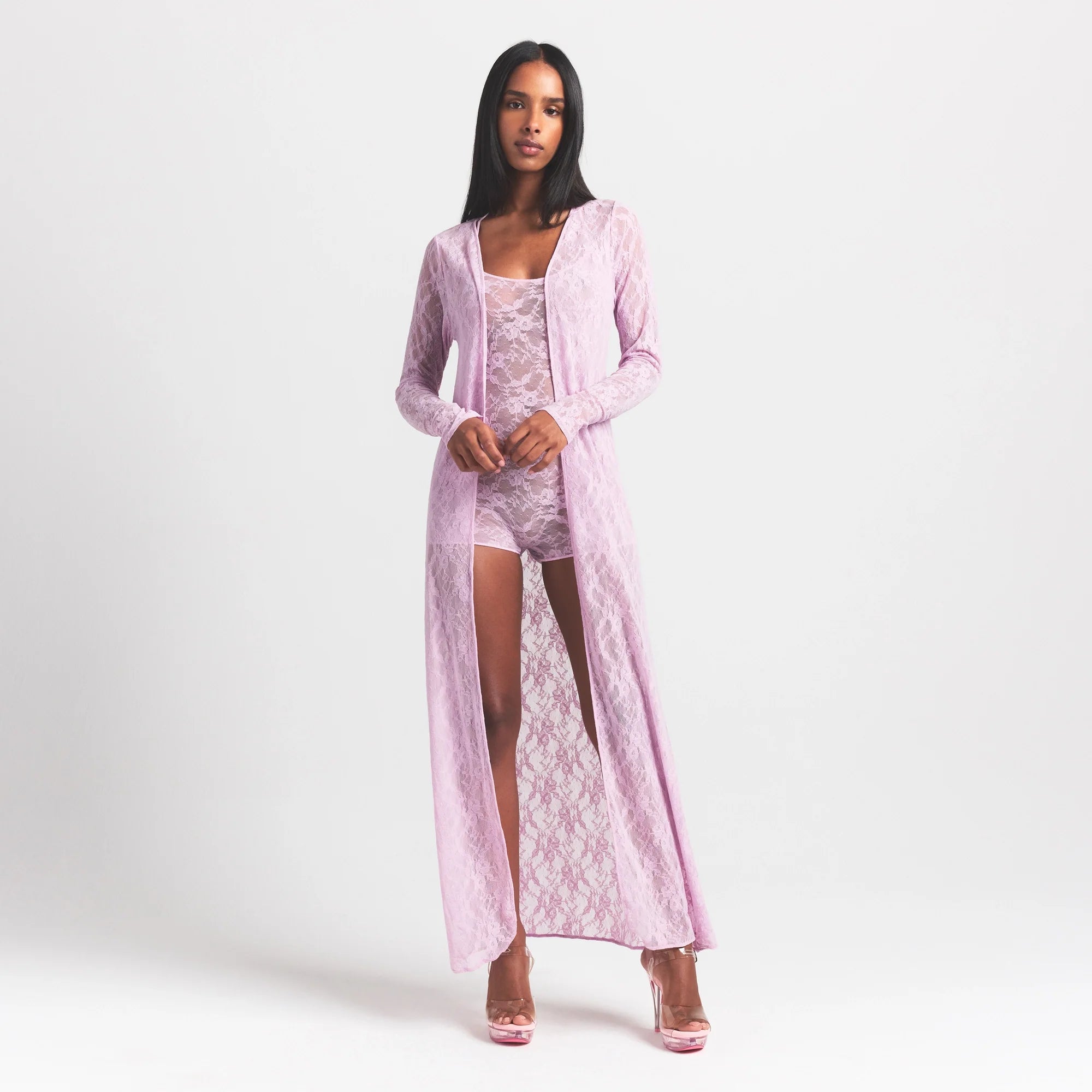 STRETCH LACE LONG ROBE | BABY PINK ON A MODEL FRONT VIEW @ | FOCUS: 0.0, 1.0, 0.9