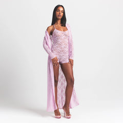 STRETCH LACE LONG ROBE | BABY PINK ON A MODEL FRONT VIEW @ | FOCUS: 0.0, 1.0, 0.9
