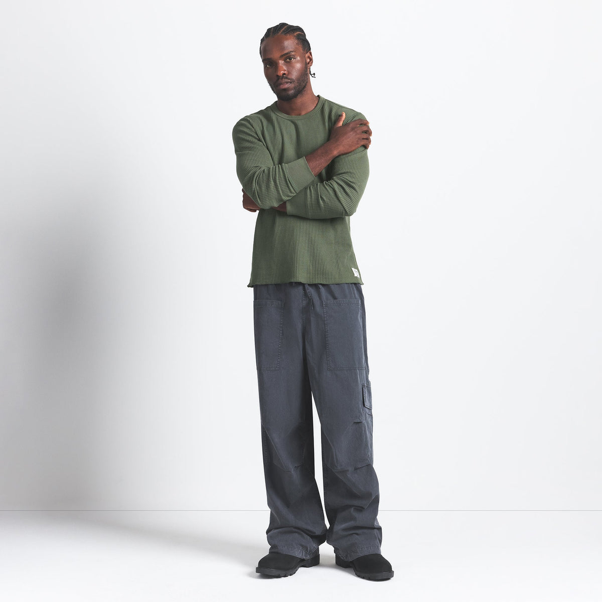 WAFFLE MENS LONG SLEEVE TOP | MILITARY GREEN ON A MODEL FRONT VIEW @ | FOCUS: 0.0, 1.0, 0.9