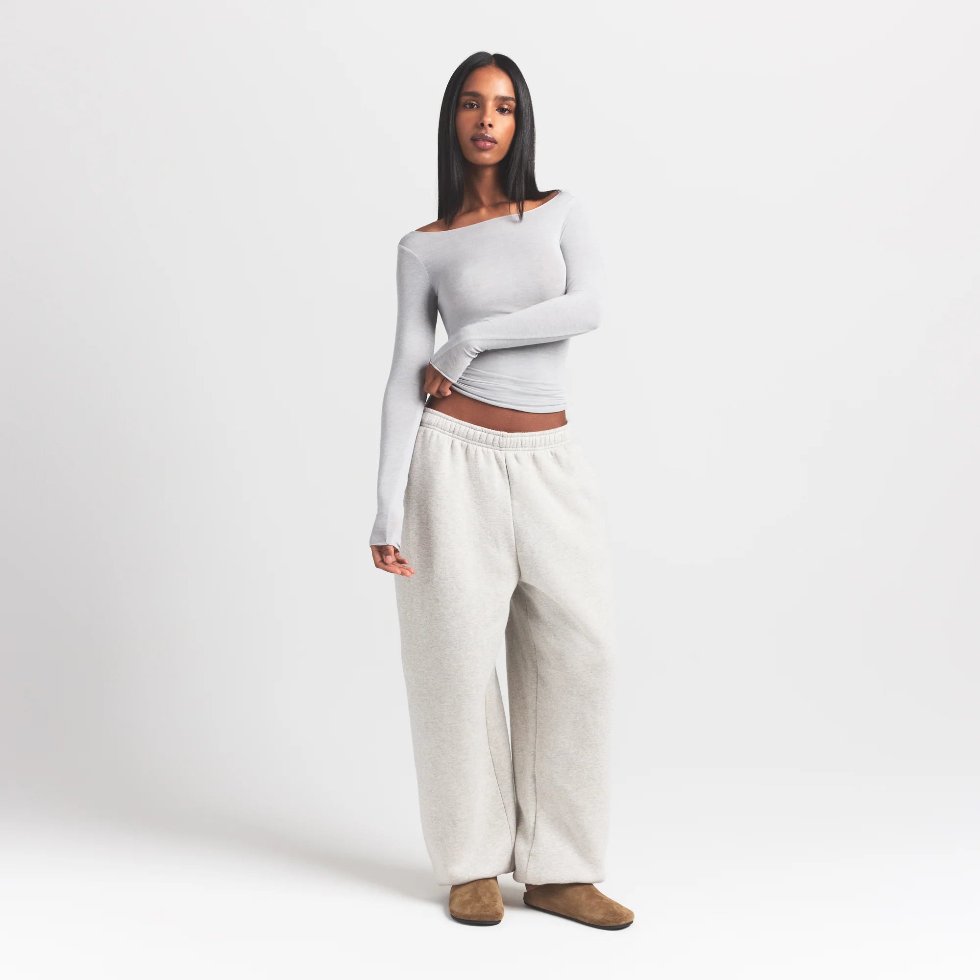 SHEER MODAL LONG SLEEVE BOATNECK TOP | HEATHER GREY ON A MODEL FRONT VIEW S | FOCUS: 0.0, 1.0, 0.9