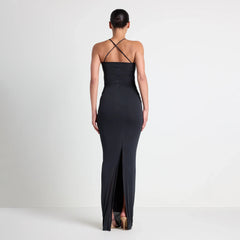 VETTESE X SKIMS SHEER MODAL LONG DRESS | ONYX ON A MODEL BACK VIEW | FOCUS: 0.0, 1.0, 0.9