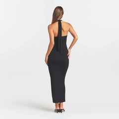 SMOOTH LAYERS CONVERTIBLE LONG DRESS | OBSIDIAN ON A MODEL BACK VIEW @ | FOCUS: 0.0, 1.0, 0.9