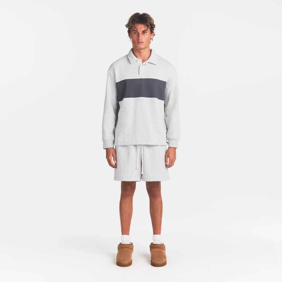 FLEECE LOUNGE MENS RUGBY POLO | LIGHT HEATHER GREY ON A MODEL | FOCUS: 0.0, 1.0, 0.9