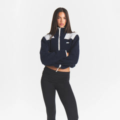 TEDDY BOXY ZIP UP JACKET | NAVY ON A MODEL | FOCUS: 0.0, 1.0, 0.9