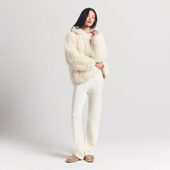 FAUX FUR HOODIE | EGRET ON A MODEL FRONT VIEW @ | FOCUS: 0.0, 1.0, 0.9