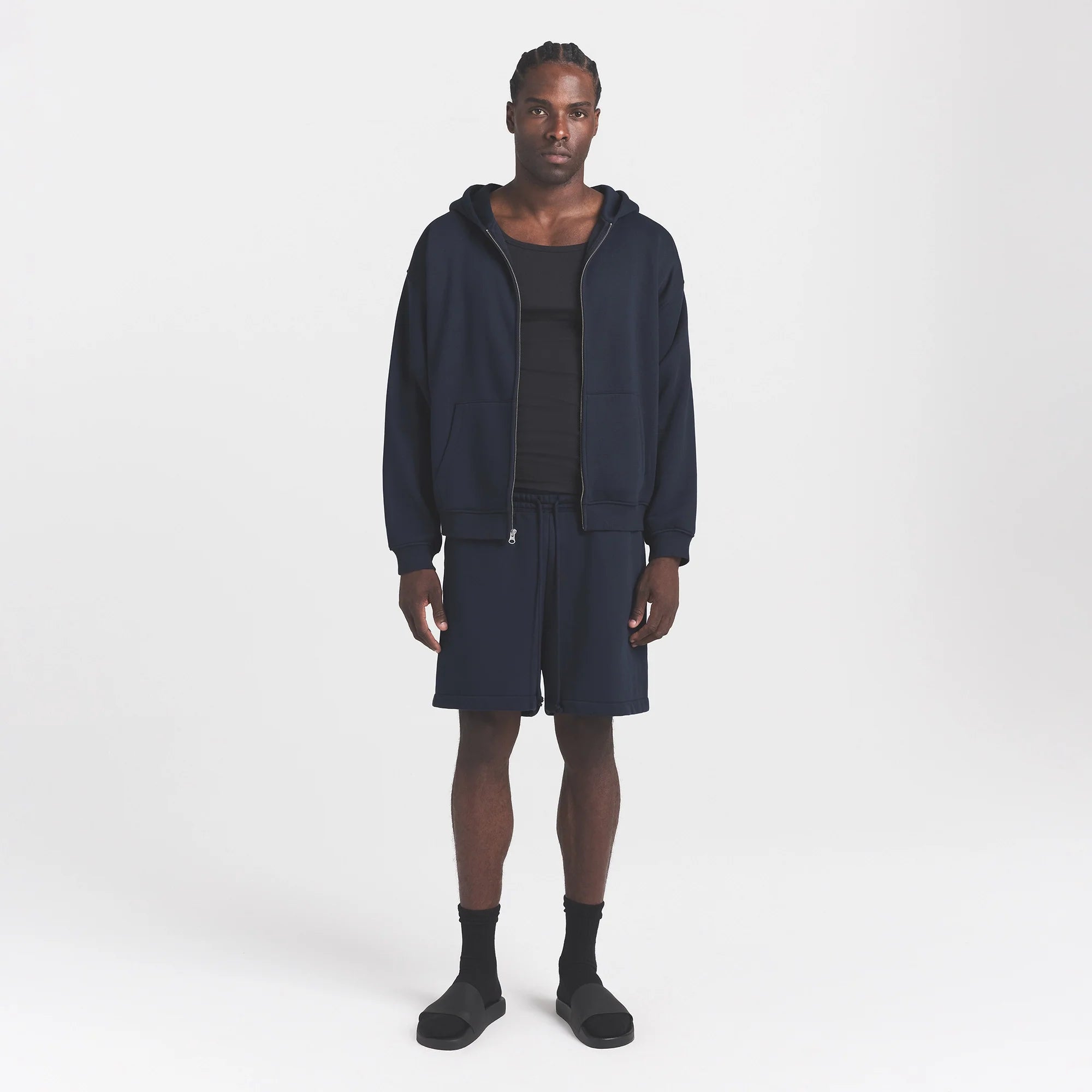 FLEECE LOUNGE MENS RELAXED ZIP UP HOODIE | NAVY ON A MODEL FRONT VIEW @ | FOCUS: 0.0, 1.0, 0.9