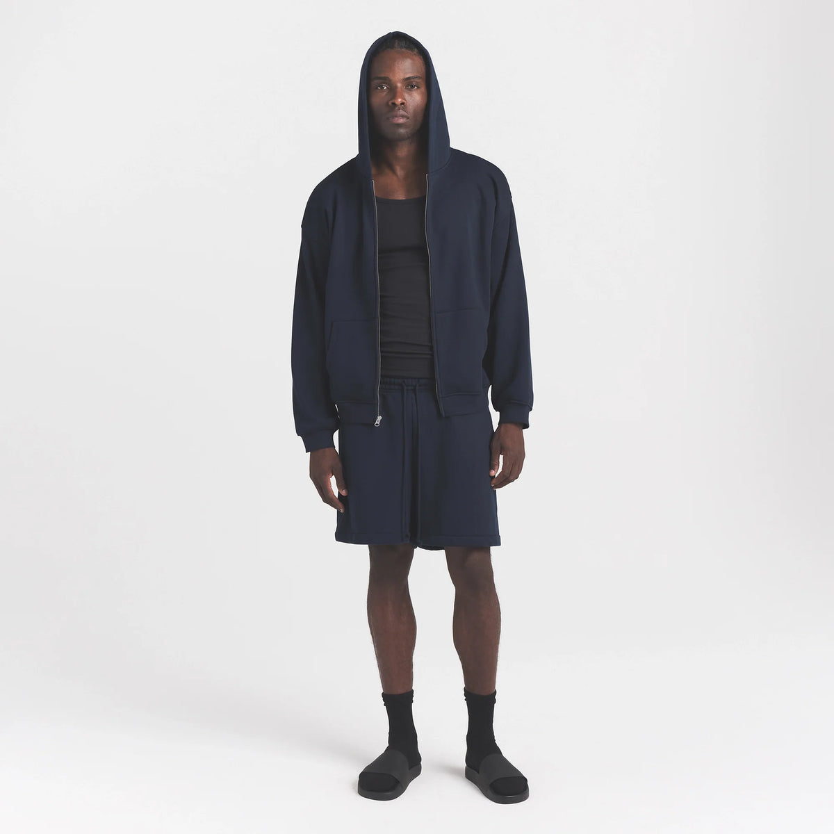 FLEECE LOUNGE MENS RELAXED ZIP UP HOODIE | NAVY ON A MODEL FRONT VIEW @ | FOCUS: 0.0, 1.0, 0.9