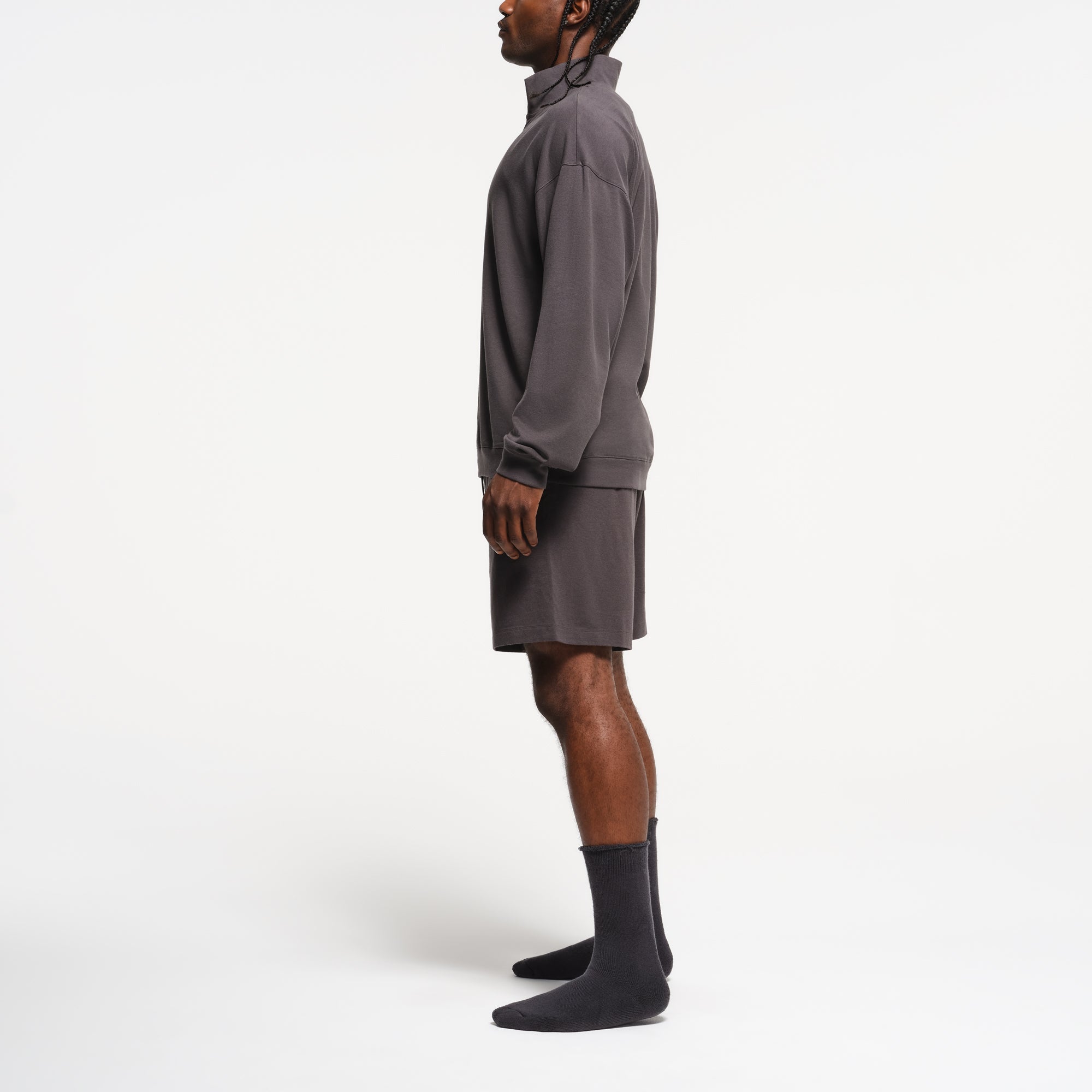 JERSEY LOUNGE MENS RELAXED QUARTER ZIP PULLOVER | ASH ON A MODEL SIDE VIEW
