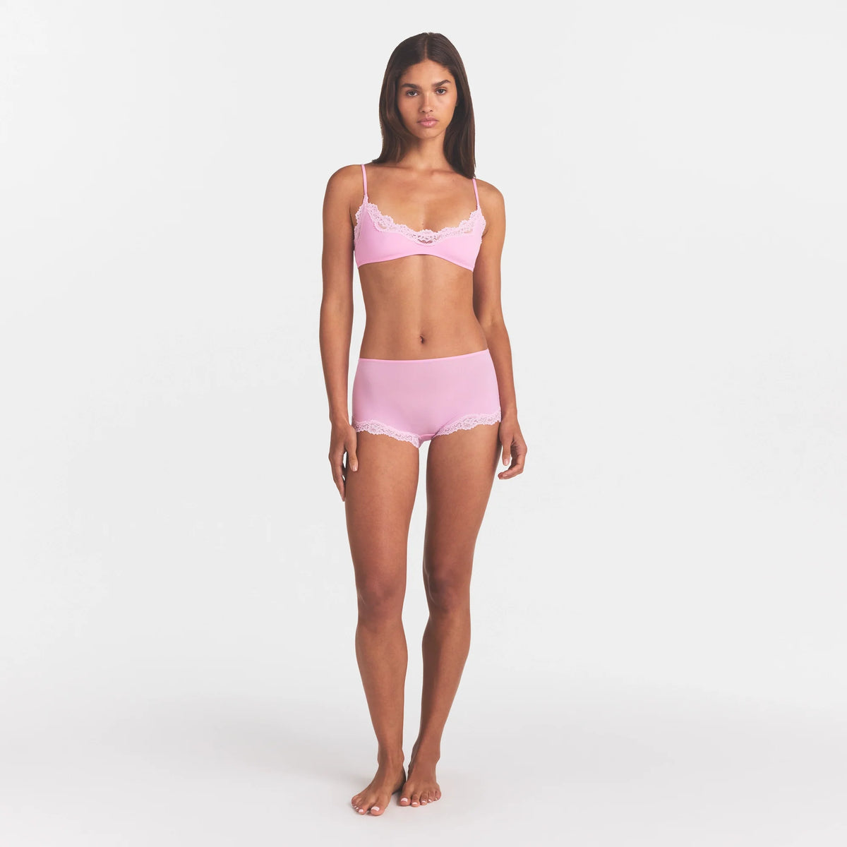 FITS EVERYBODY LACE BOY SHORT | BUBBLE GUM TONAL ON A MODEL FRONT VIEW @ | FOCUS: 0.0, 1.0, 0.9