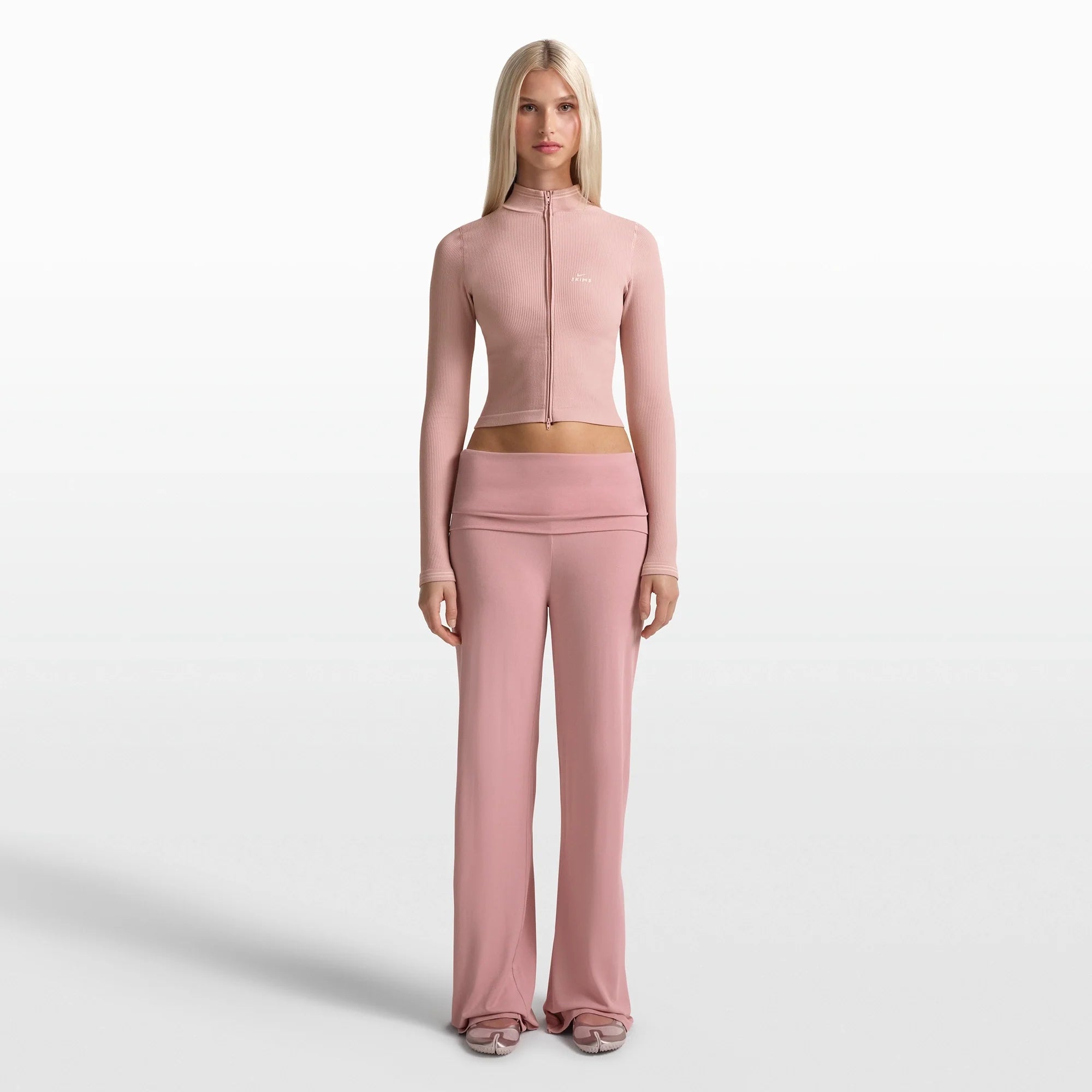 NikeSKIMS STRETCH KNIT FOLDOVER WIDE LEG PANT | HIMALAYAN ON A MODEL FRONT VIEW @ | FOCUS: 0.0, 1.0, 0.9