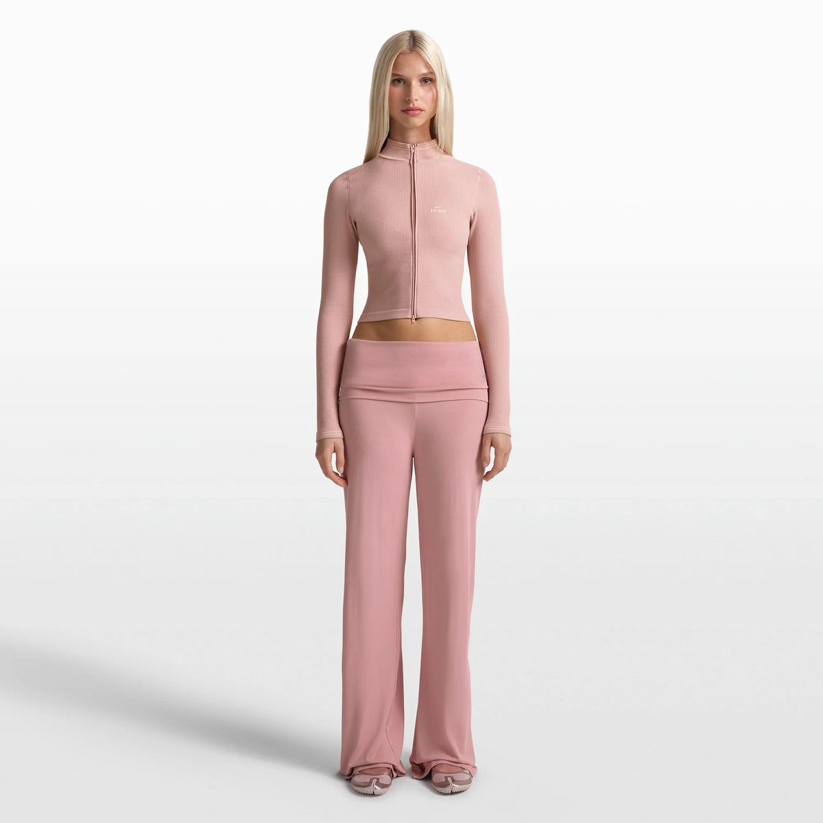 NikeSKIMS STRETCH KNIT FOLDOVER WIDE LEG PANT | HIMALAYAN ON A MODEL FRONT VIEW @ | FOCUS: 0.0, 1.0, 0.9
