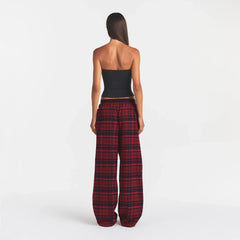 OUTDOOR FLANNEL OVERSIZED DOUBLE WAISTBAND PANT | MERLOT CABIN PLAID ON A MODEL | FOCUS: 0.0, 1.0, 0.9