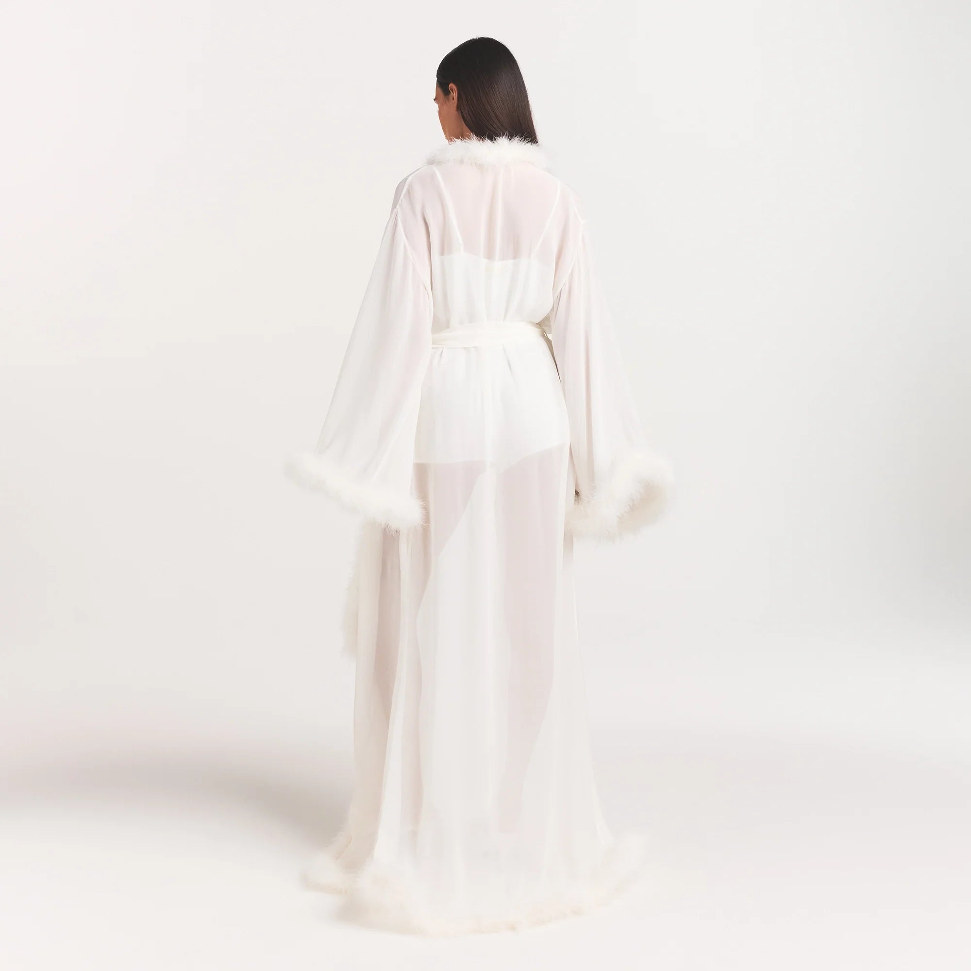 BRIDAL SLEEP FEATHER TRIM LONG ROBE | IVORY ON A MODEL FRONT VIEW @ | FOCUS: 0.0, 1.0, 0.9