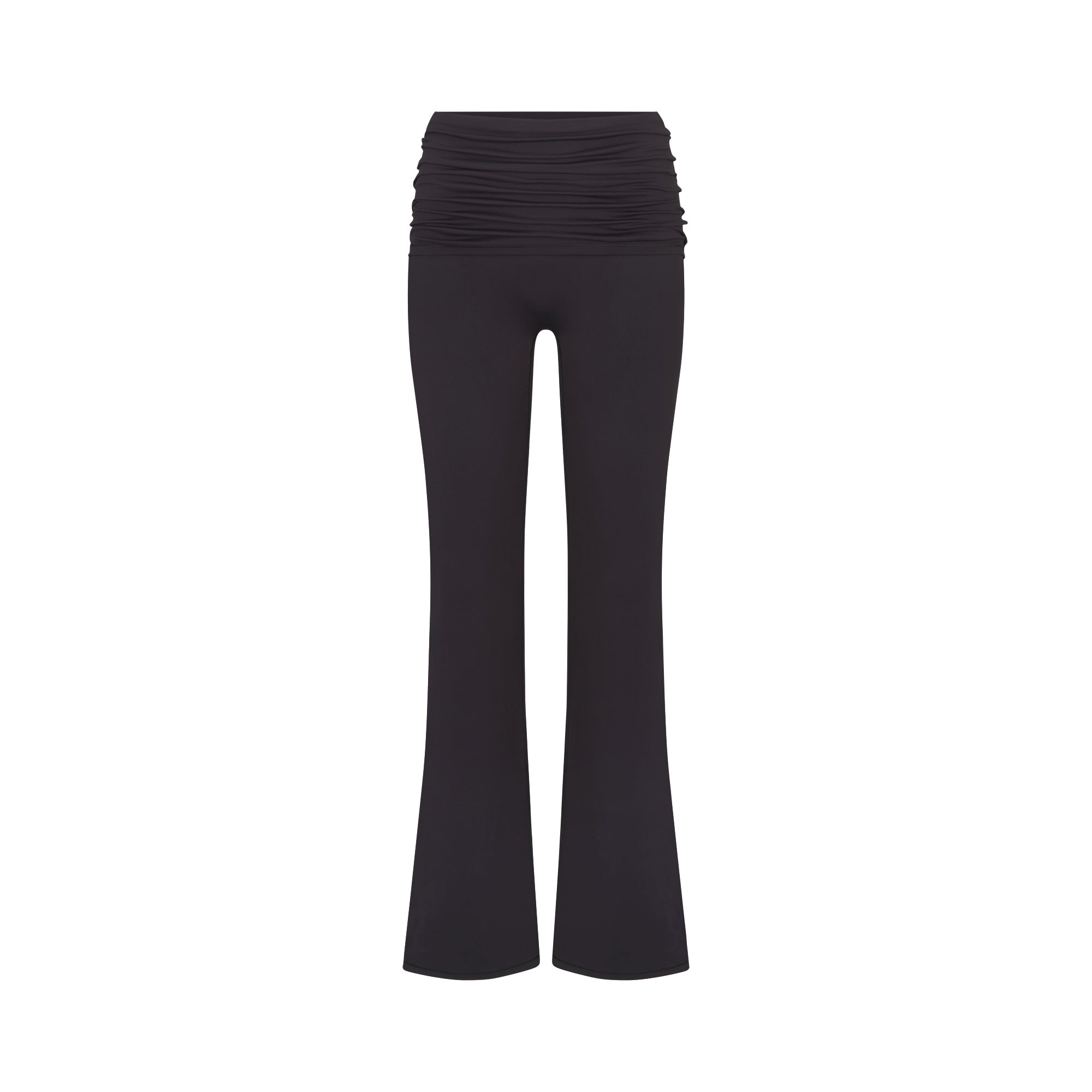 NikeSKIMS MATTE FOLDOVER SLIM FLARE LEGGING | OBSIDIAN FLAT ON A WHITE BACKGROUND | FLT