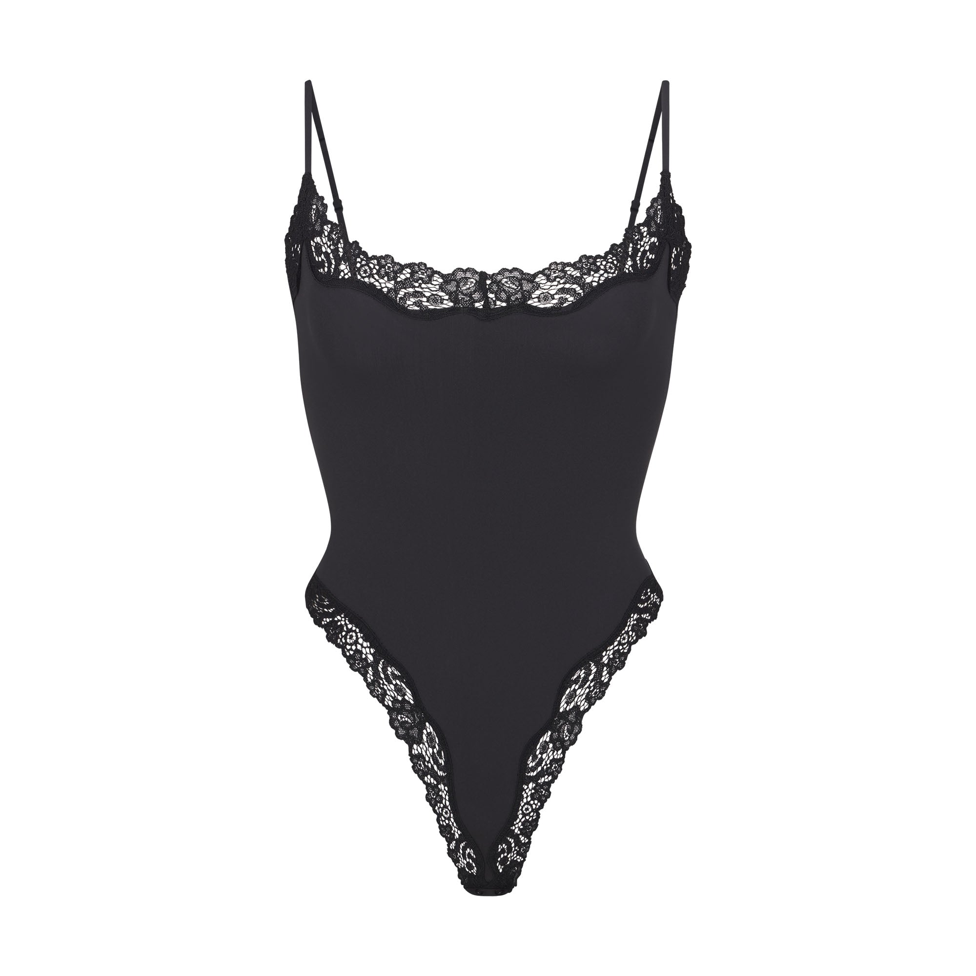 FITS EVERYBODY LACE CAMI BODYSUIT | ONYX (BODYSUITS) LAYS FLAT ON A WHITE BACKGROUND | FLT