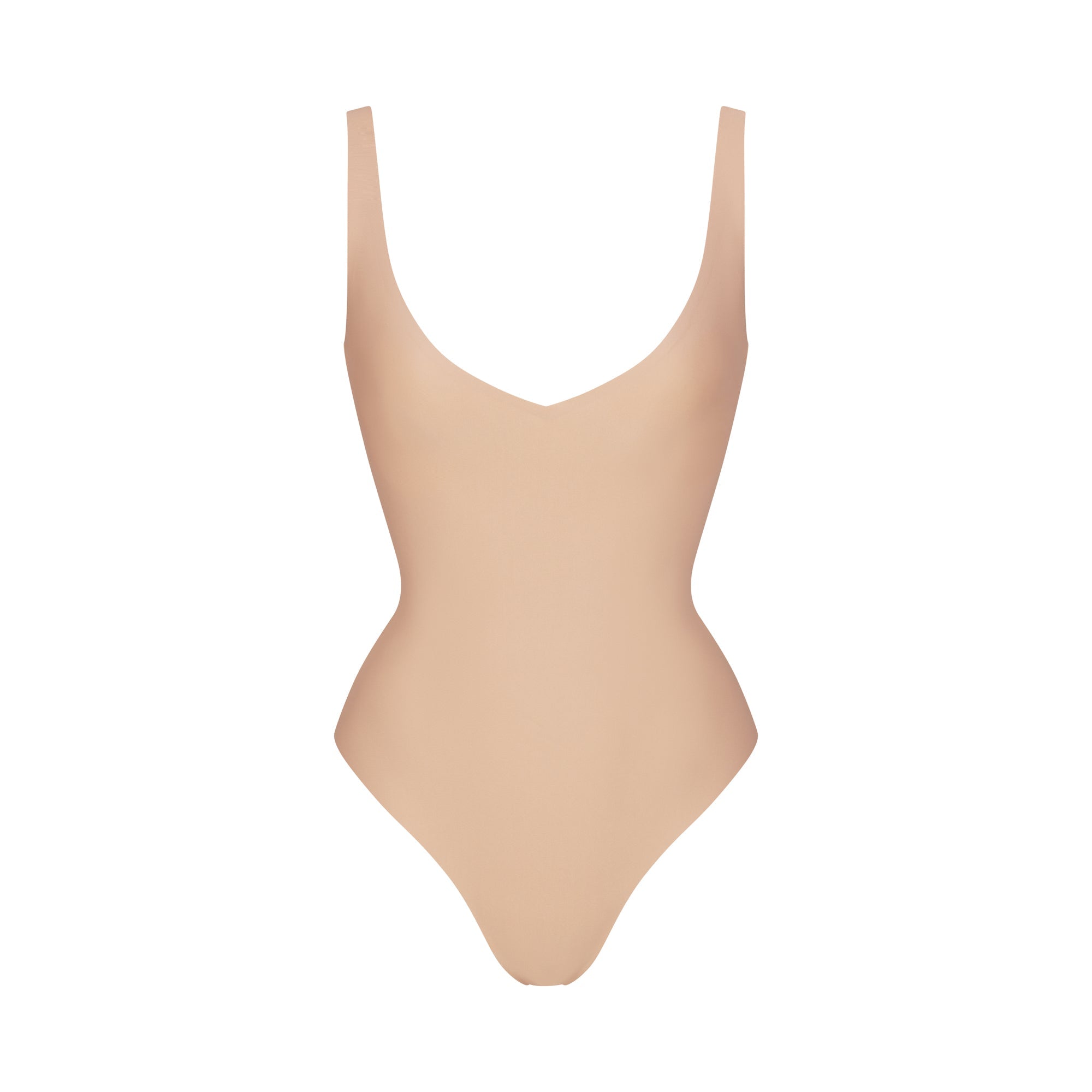 SKIMS BODY UNLINED PLUNGE THONG BODYSUIT | CLAY (SHAPEWEAR BODYSUITS, SHAPEWEAR) LAYS FLAT ON A WHITE BACKGROUND | FLT