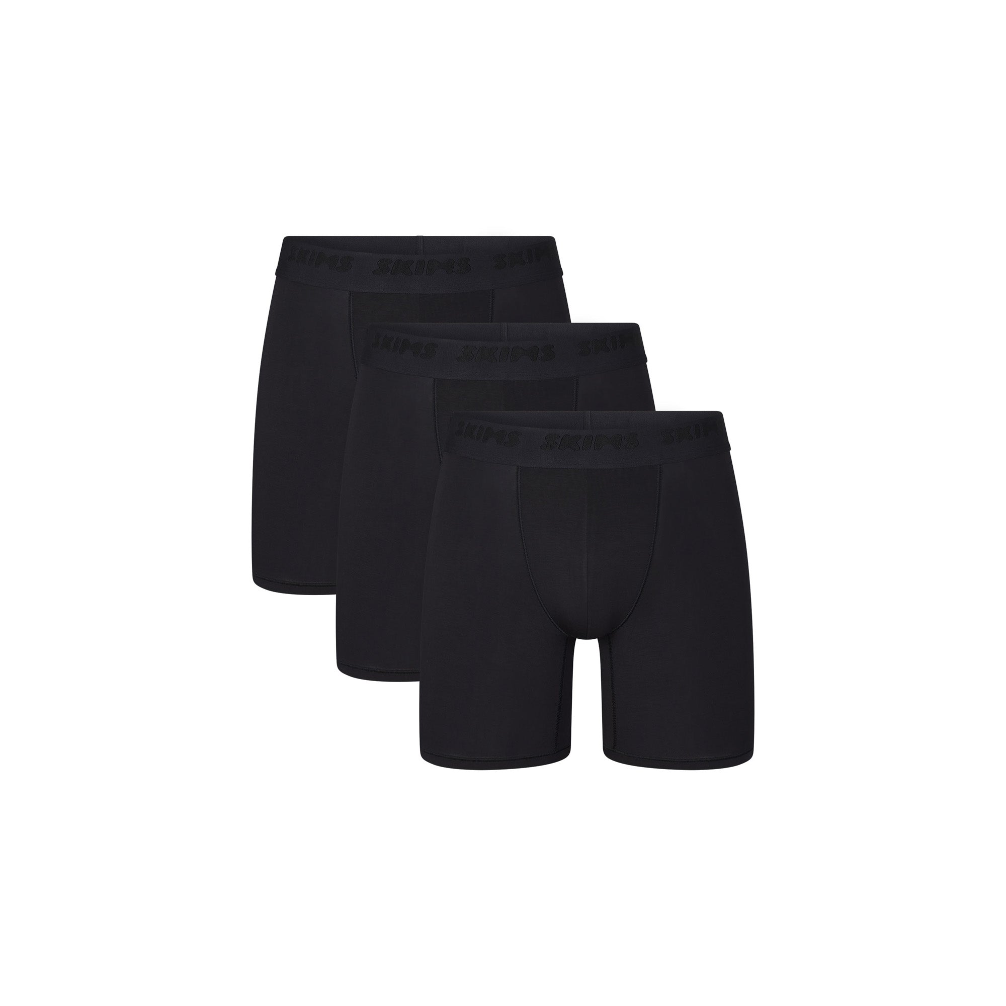 SKIMS STRETCH MENS 5" BOXER BRIEF 3-PACK | OBSIDIAN (MENS BOXERS, MENS UNDERWEAR) LAYS FLAT ON A WHITE BACKGROUND | FLT | FOCUS: 0.0, 1.0, 0.9