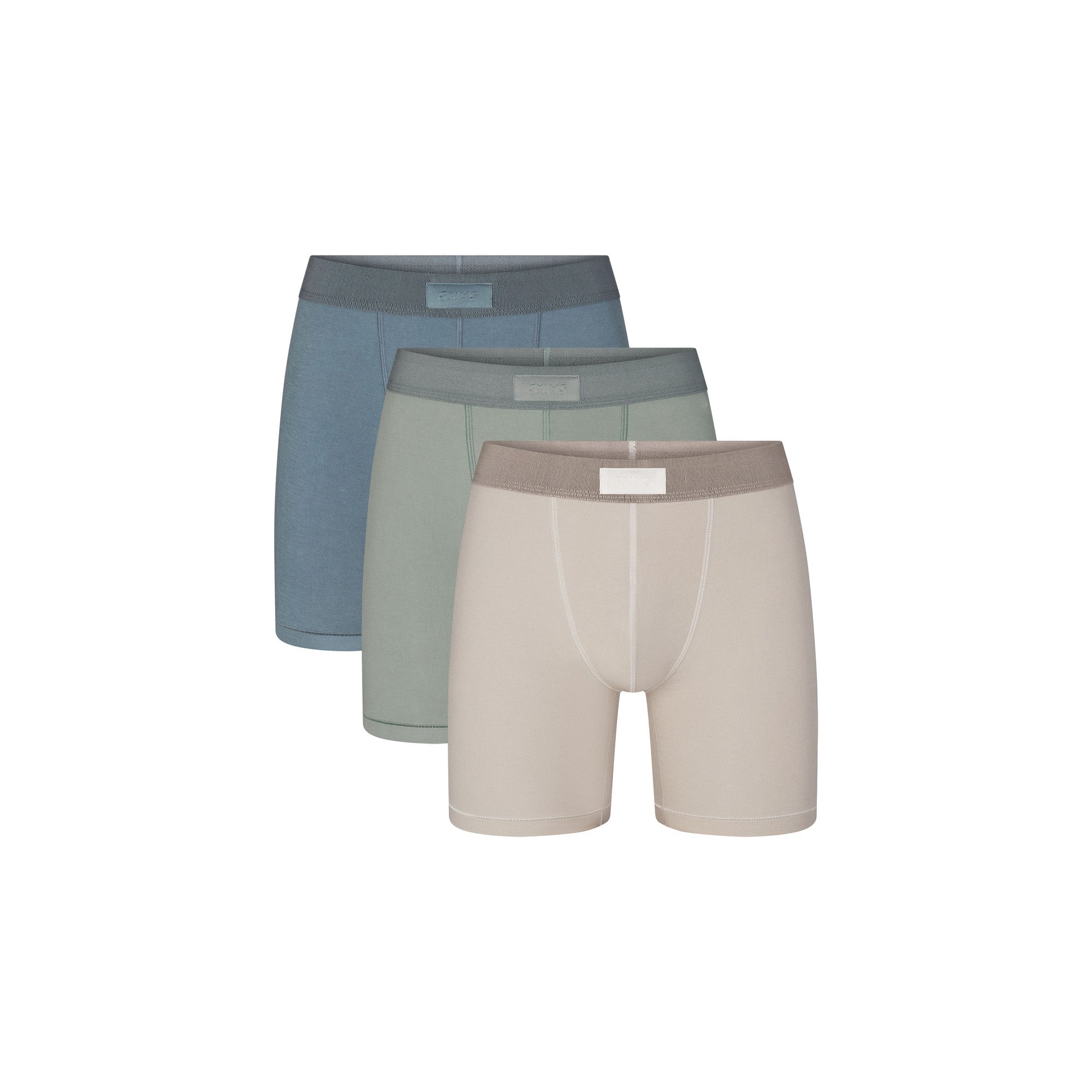 SKIMS COTTON MENS 5" BOXER BRIEF 3-PACK | STONE MULTI (MENS BOXERS, MENS UNDERWEAR) LAYS FLAT ON A WHITE BACKGROUND | FLT  | FOCUS: 0.0, 1.0, 0.9