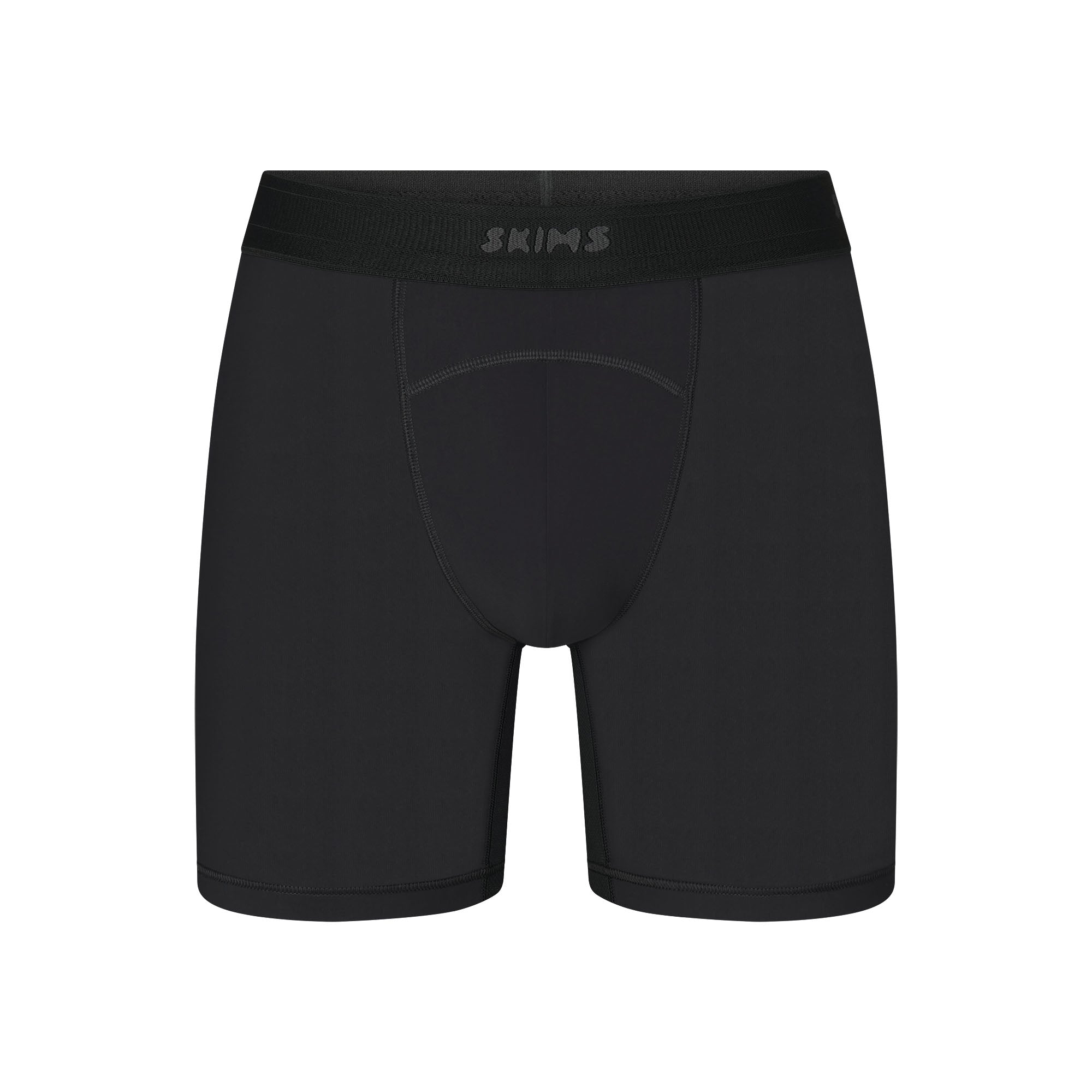 SKIMS SPORT MENS 5" BOXER BRIEF | OBSIDIAN (MENS BOXERS, MENS UNDERWEAR) LAYS FLAT ON A WHITE BACKGROUND | FLT