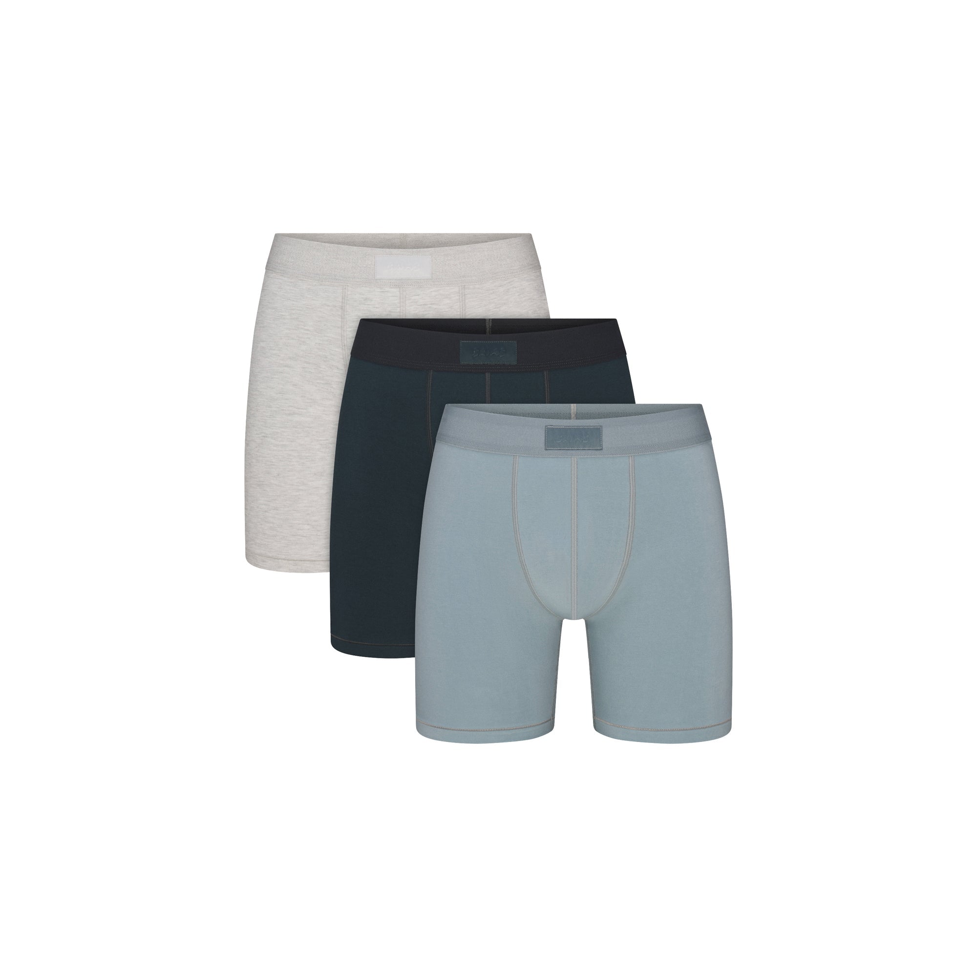 SKIMS COTTON MENS 5" BOXER BRIEF 3-PACK | VERDANT MULTI FLAT ON A WHITE BACKGROUND | FLT @ | FOCUS: 0.0, 1.0, 0.9