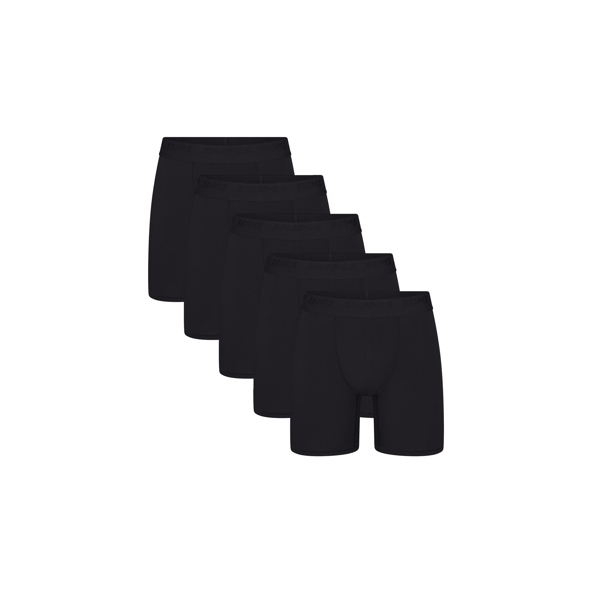 SKIMS STRETCH MENS 5" BOXER BRIEF 5-PACK | OBSIDIAN (MENS BOXERS) FLAT ON A WHITE BACKGROUND | FLT | FOCUS: 0.0, 1.0, 0.9