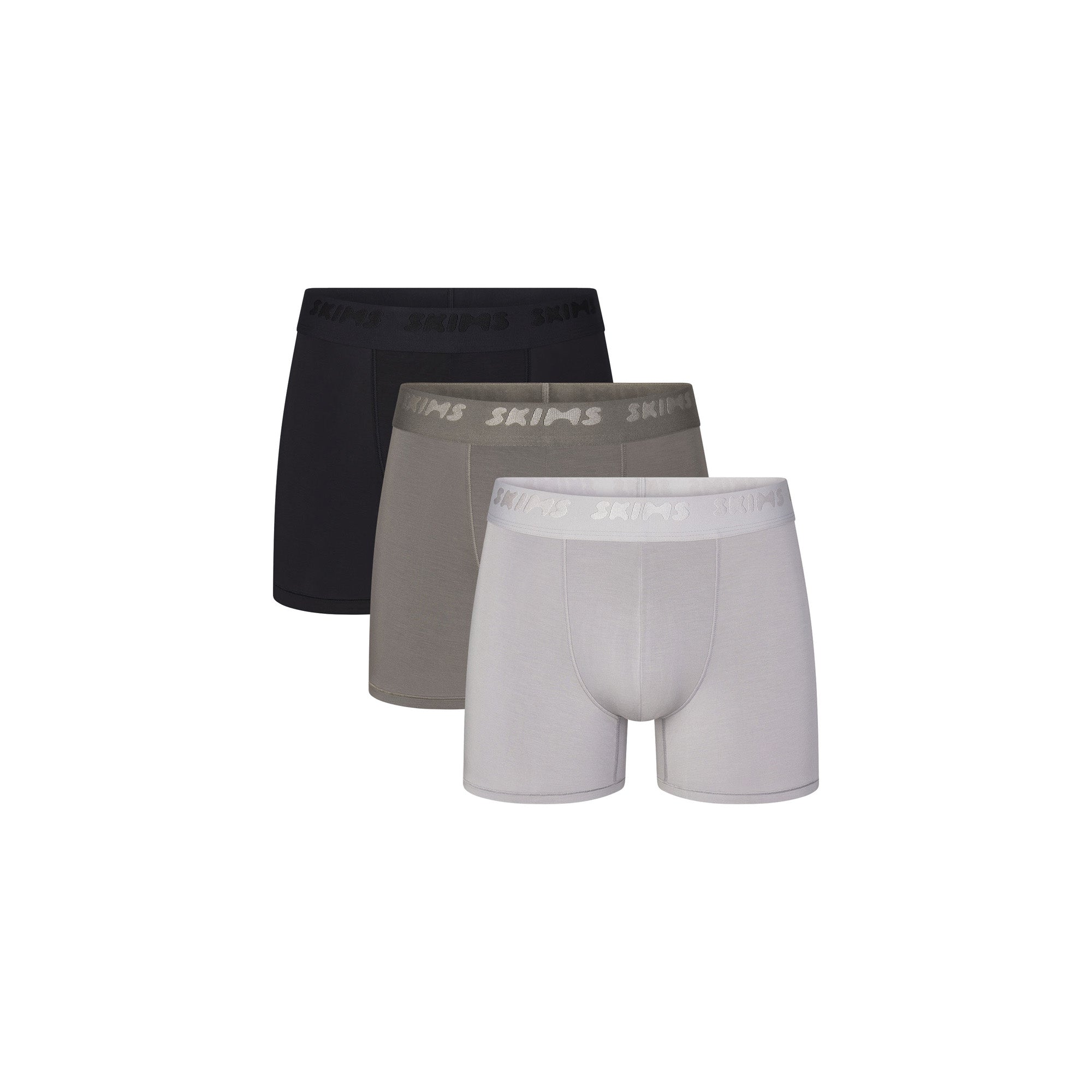 SKIMS STRETCH MENS 3" BOXER BRIEF 3-PACK | GUNMETAL MULTI  LAYS FLAT ON A WHITE BACKGROUND  | FLT @ | FOCUS: 0.0, 1.0, 0.9