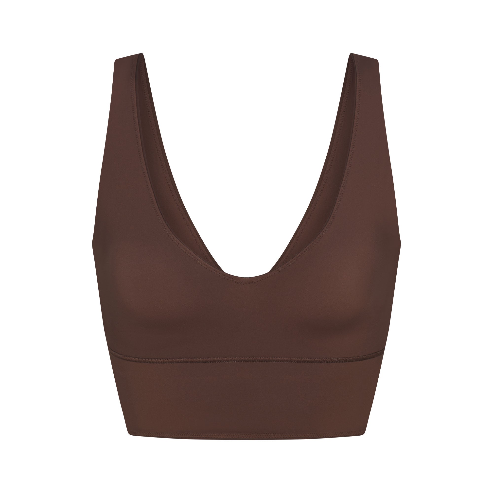 NikeSKIMS MATTE V-NECK BRA TOP | DARK SEPIA FLAT ON A WHITE BACKGROUND | FLT