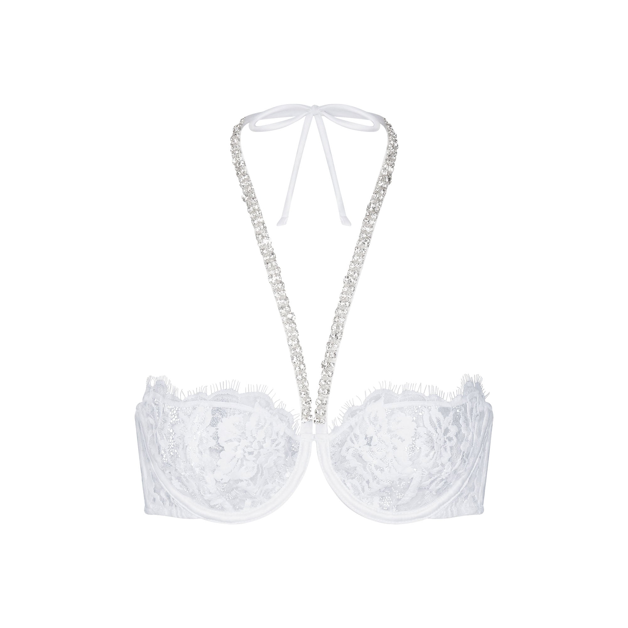 SKIMS LACE UNLINED HALTER BRA | SNOW FLAT ON A WHITE BACKGROUND | FLT