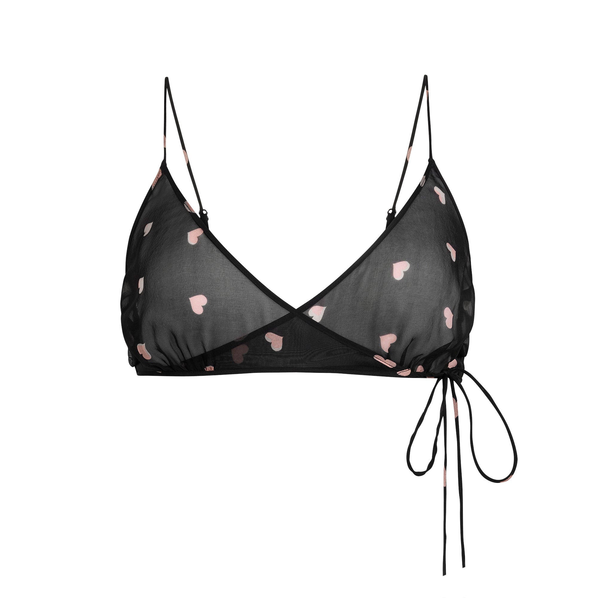 SKIMS ROMANCE SKIMPY WRAP BRALETTE | OBSIDIAN SPACED HEARTS FLAT ON A WHITE BACKGROUND | FLT