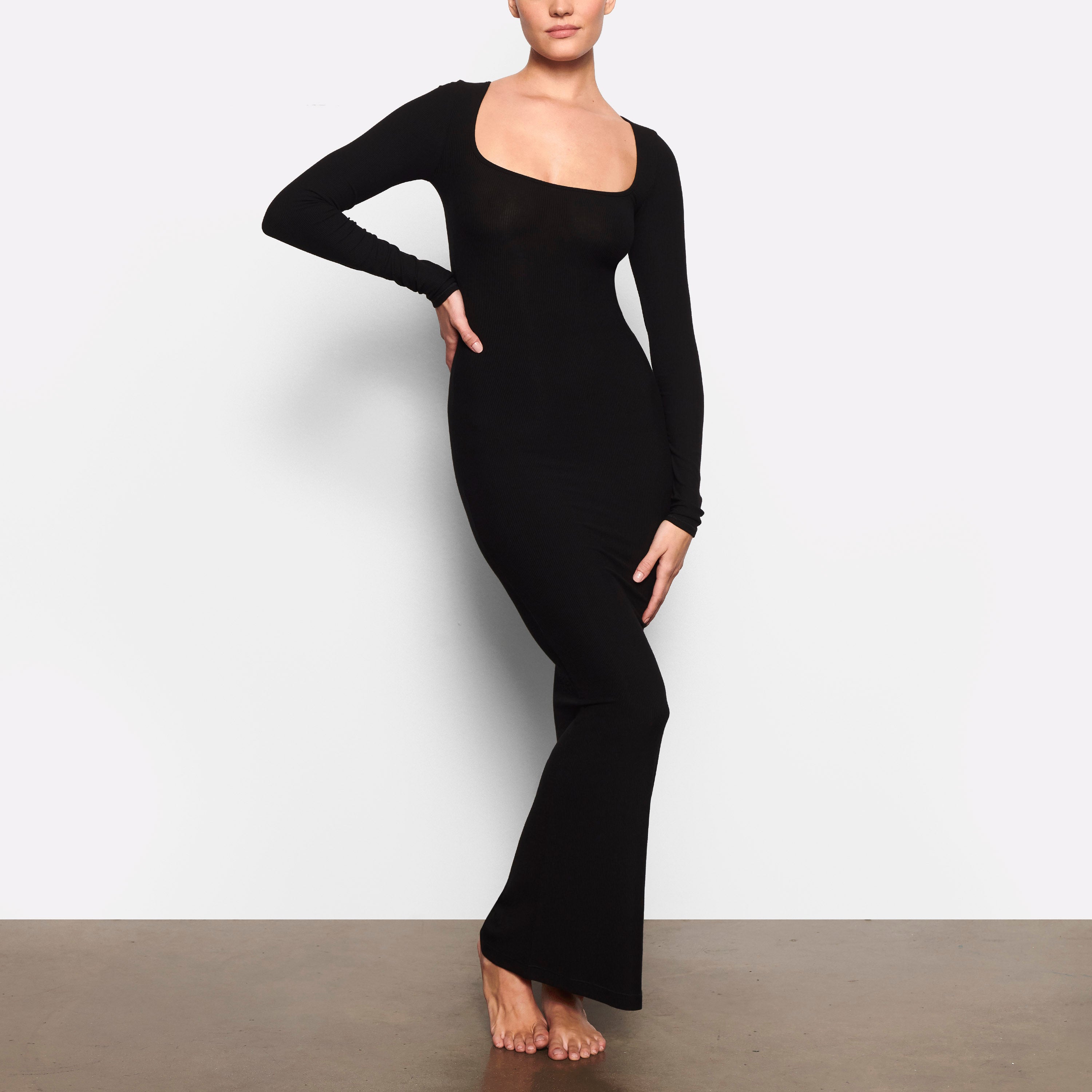 WORN BY A MODEL IN FRONT VIEW SOFT LOUNGE LONG SLEEVE DRESS IN ONYX