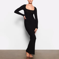 WORN BY A MODEL IN FRONT VIEW SOFT LOUNGE LONG SLEEVE DRESS IN ONYX