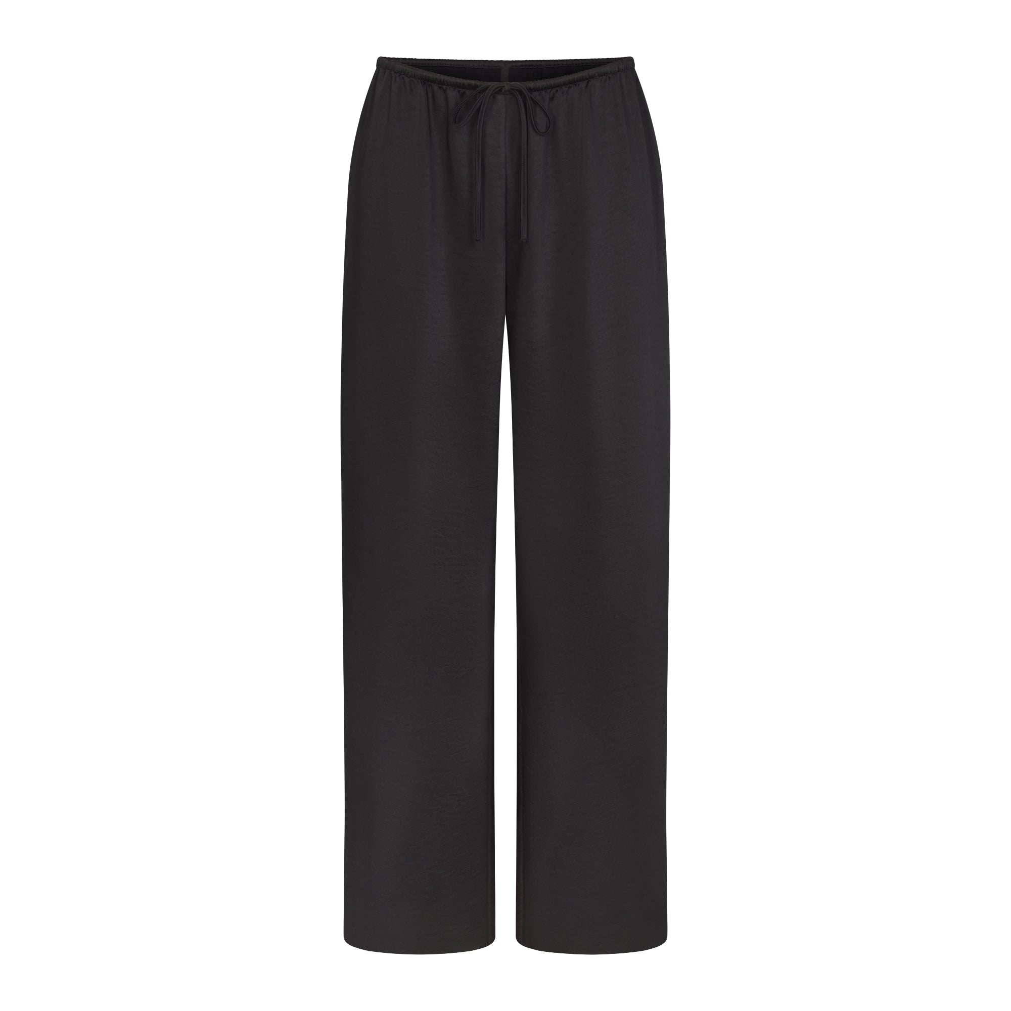 LIGHTWEIGHT SATIN STRAIGHT LEG PANT | OBSIDIAN FLAT ON A WHITE BACKGROUND | FLT