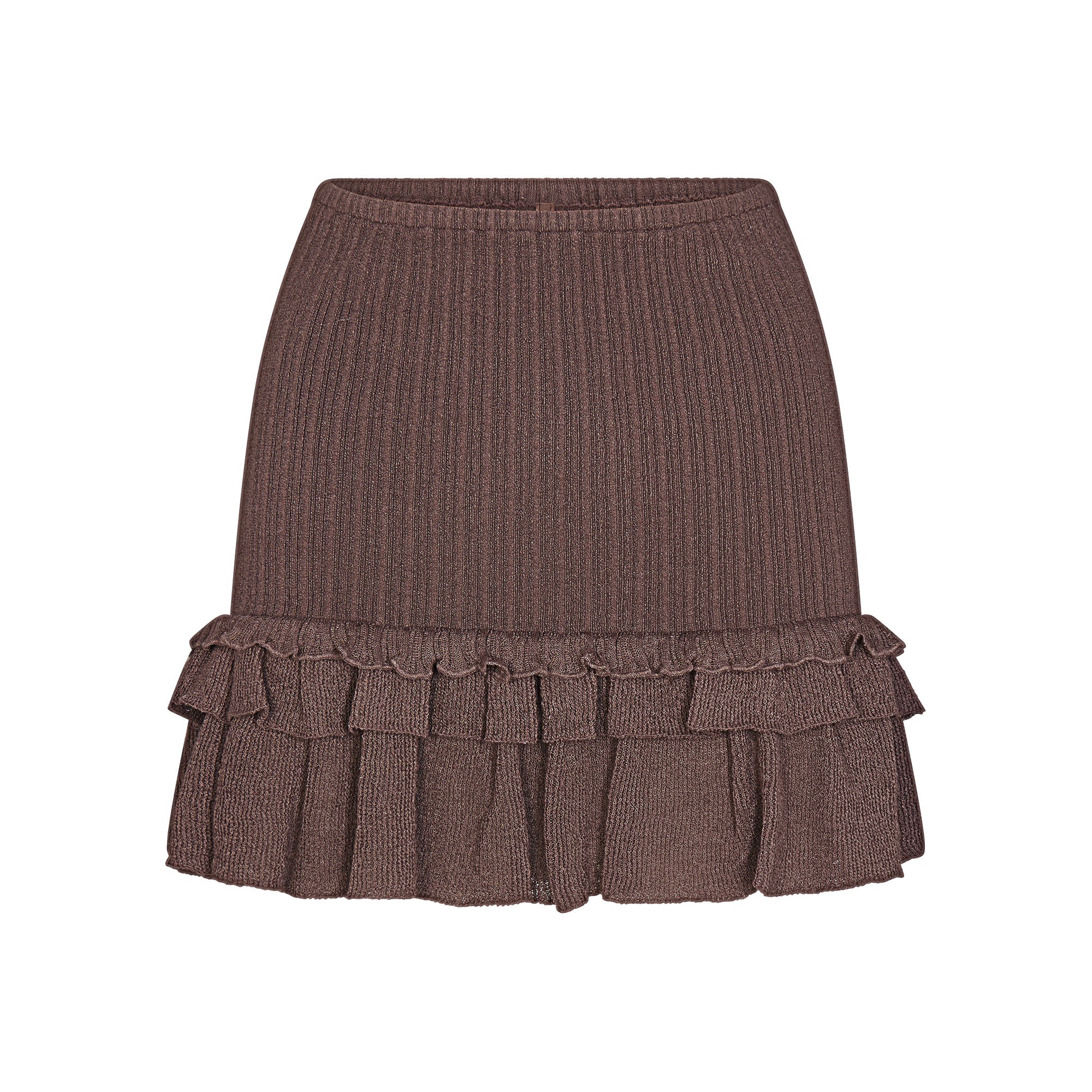 SHEER KNIT RUFFLE MINI SKIRT | AMETHYST FLAT ON A WHITE BACKGROUND | FLT