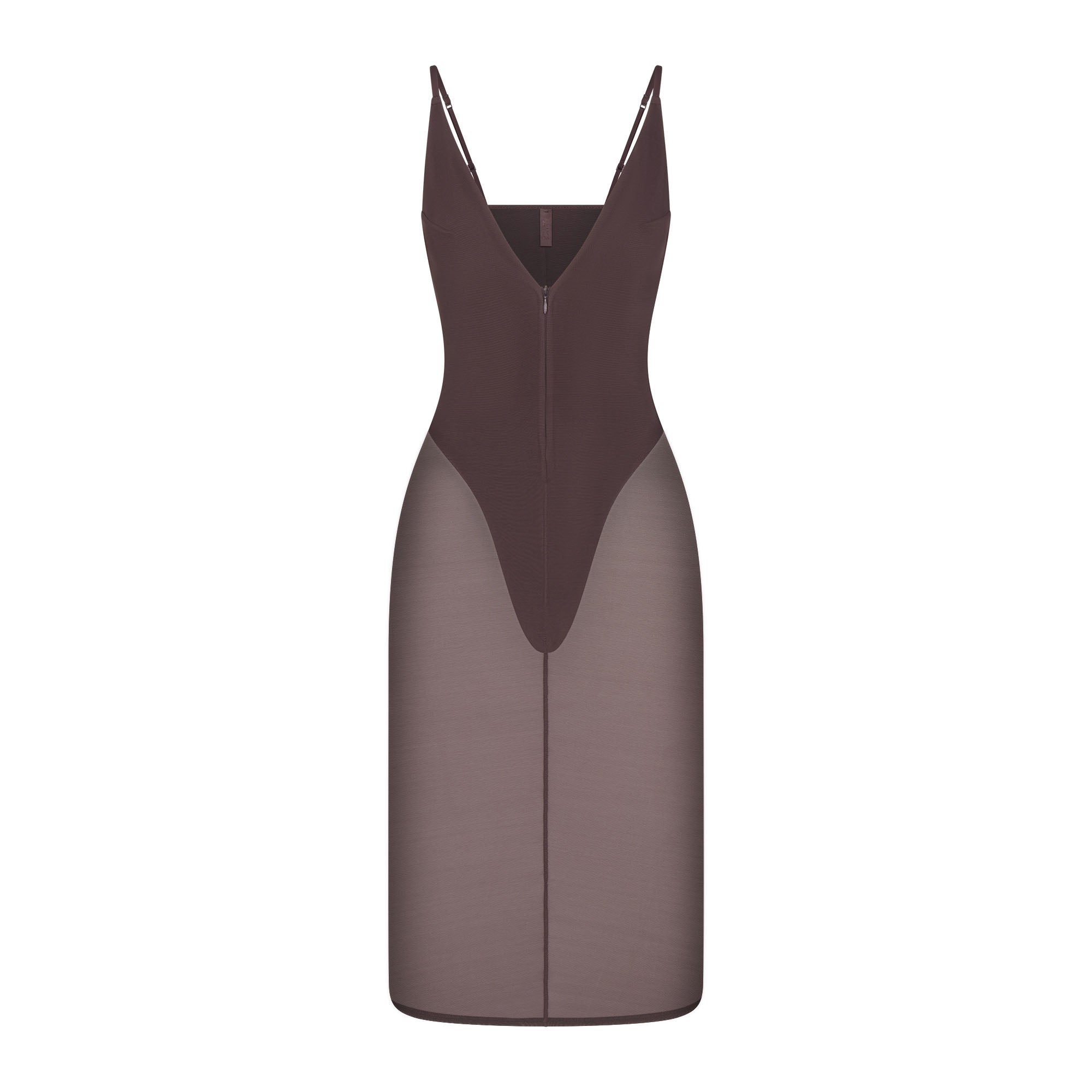 SKIMS BODY MESH PLUNGE MIDI DRESS | RAISIN FLAT ON A WHITE BACKGROUND | FLT