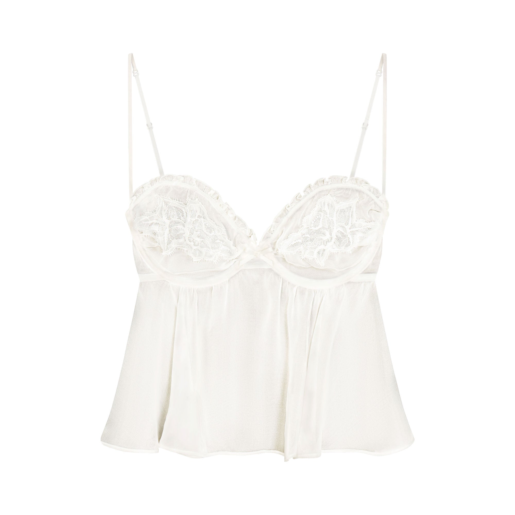 SKIMS ROMANCE BABYDOLL TOP AND STRING THONG SET | IVORY LAYS FLAT ON A WHITE BACKGROUND | FLT