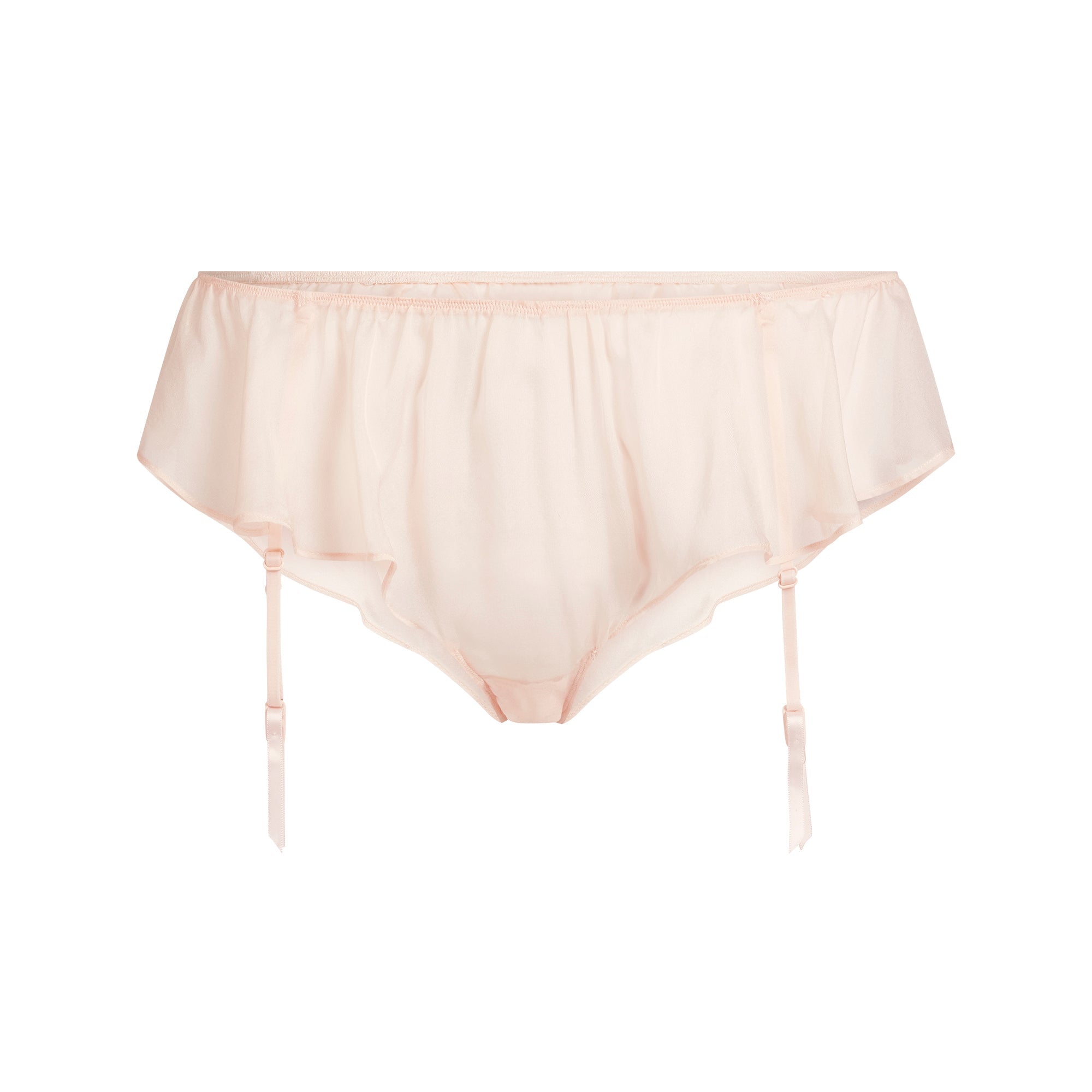 SKIMS ROMANCE BABYDOLL AND GARTER HIPSTER SET | PRIMROSE FLAT ON A WHITE BACKGROUND | FLT