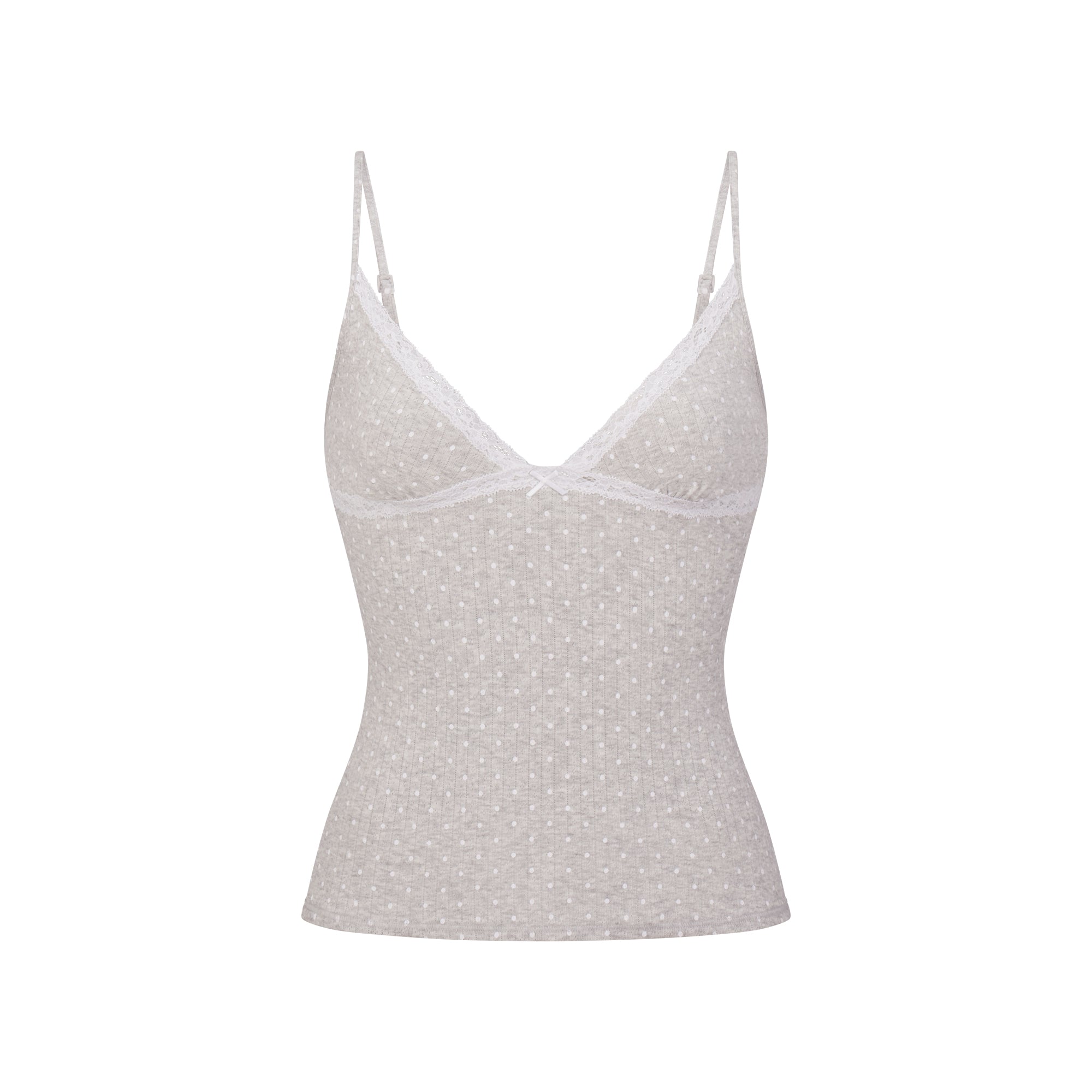 LIGHTWEIGHT COTTON POINTELLE LACE CAMI AND BOY SHORT SET | LIGHT HEATHER GREY PIN DOT FLAT ON A WHITE BACKGROUND | FLT | FOCUS: 0.0, 1.0, 0.9