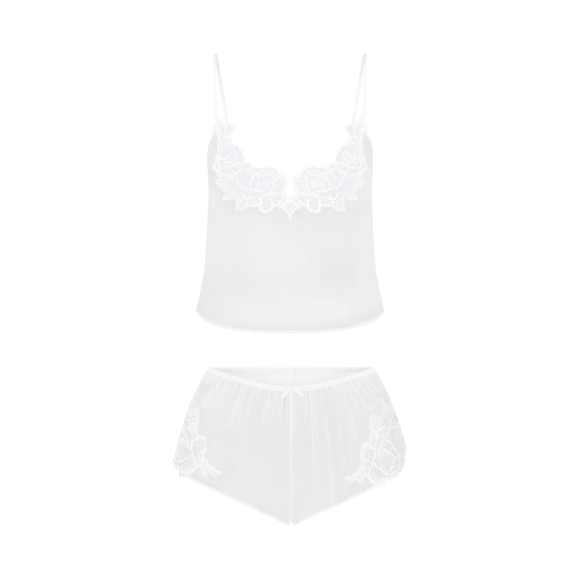 SKIMS ROMANCE CAMI AND SHORT SET | IVORY FLAT ON A WHITE BACKGROUND | FLT